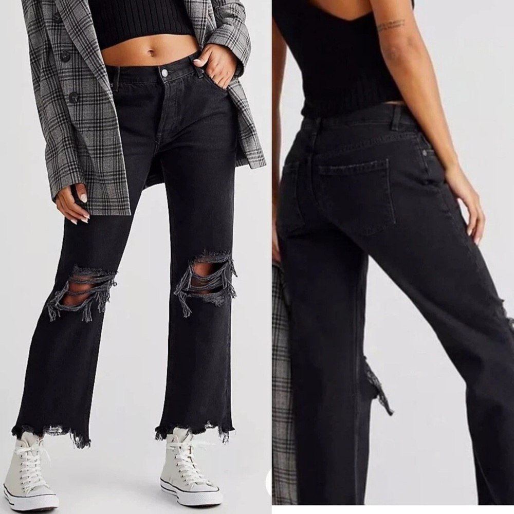 FREE PEOPLE Maggie Mid-Rise Straight Leg Jean Size 26 Destroyed Hem Black Denim